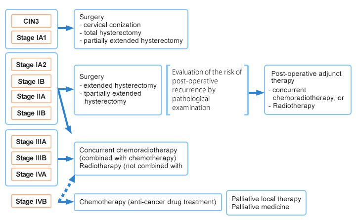 Fig. 3. Clinical stages of cervical cancer progression and approaches for treatment